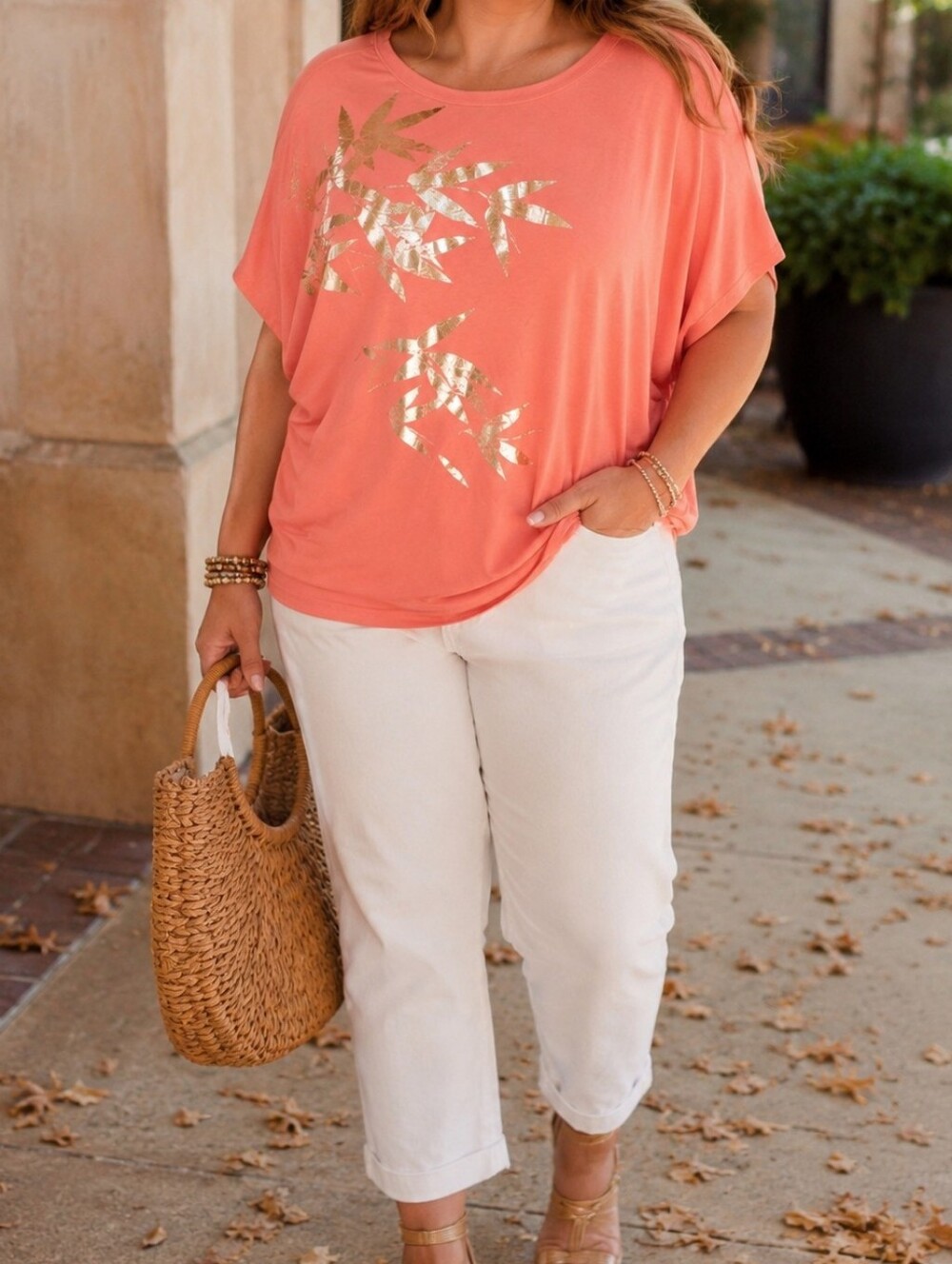 NWT Laura Plus Size Coral Metallic Foil Leaf Dolman Sleeve Viscose Top Casual